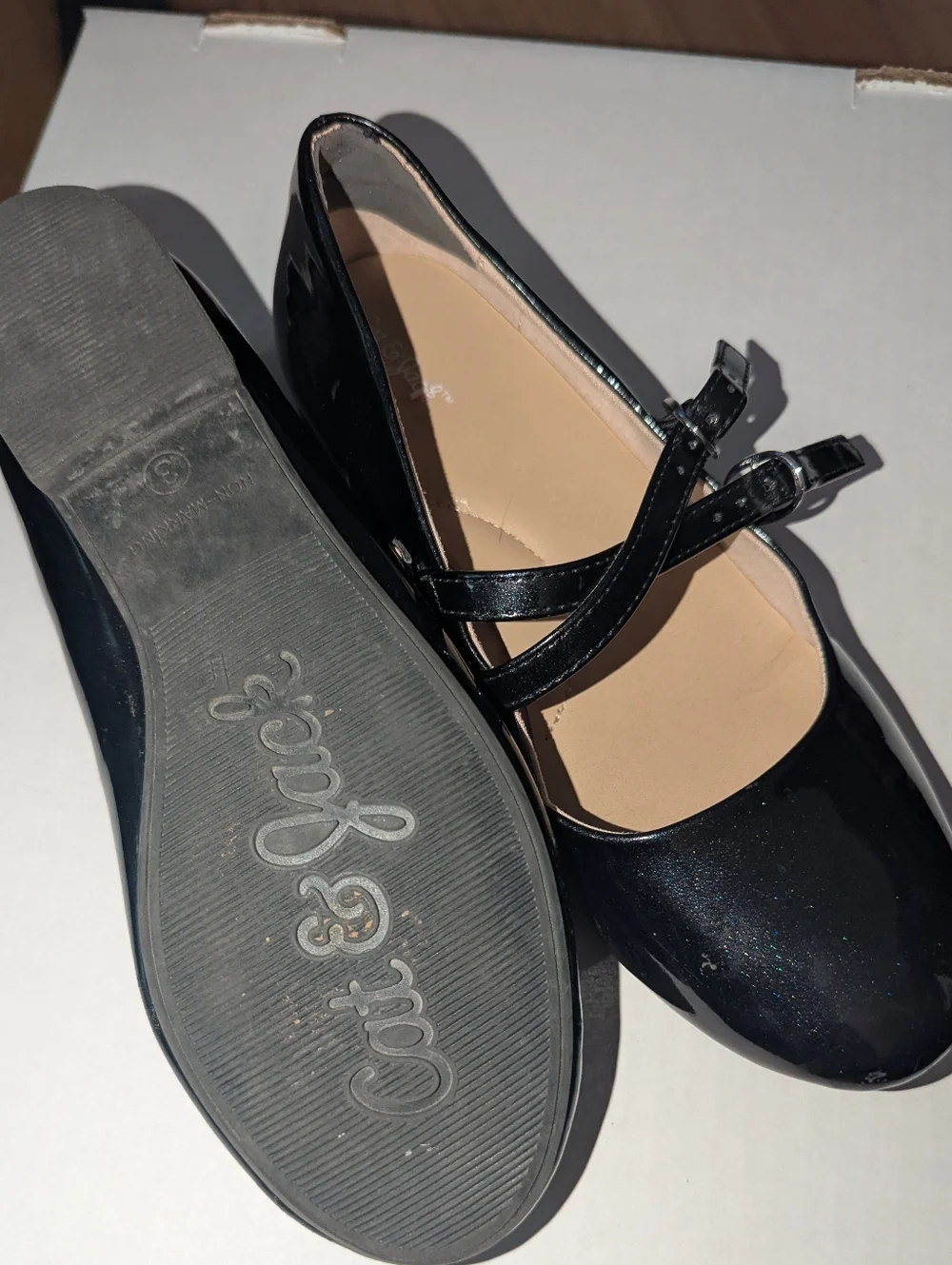 Cat & Jack Black Patent Double Strap Mary Jane Flats Girls Size 3 Dress Shoes